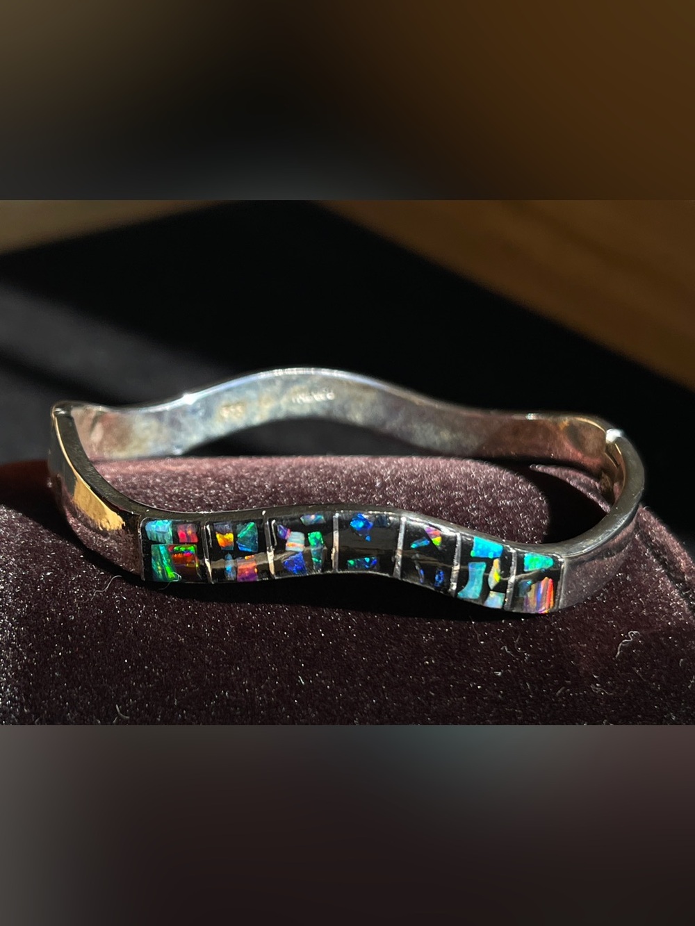 Vintage Mexico 925 Wavy Fire Opal Inlay Hinged Bangle Bracelet 24.7g MCM